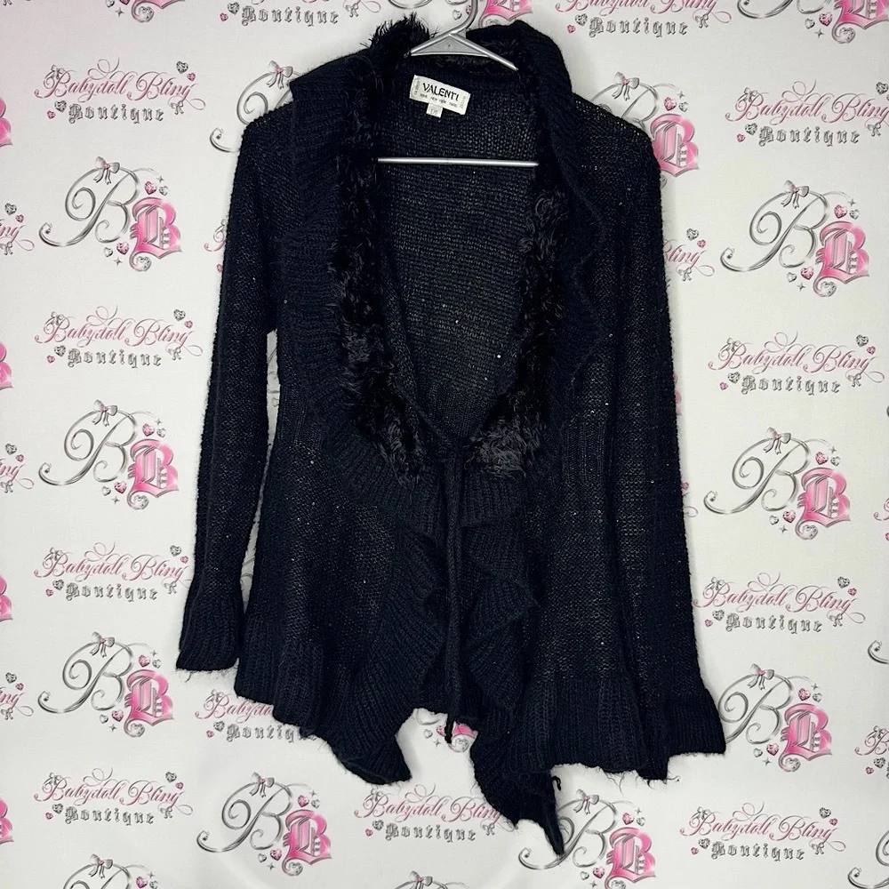 Valenti cardigan sequins sparkly furry fur neckline tie up Black Women's Sweater - Picture 1 of 10